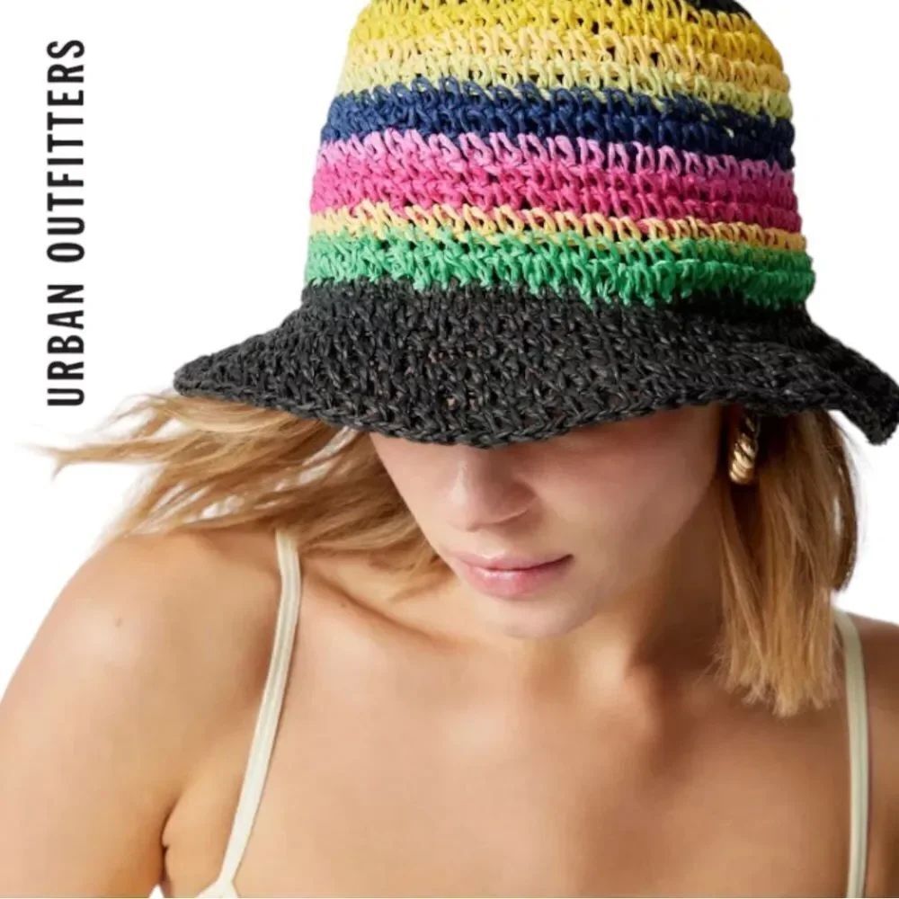 UO Urban Outfitters Striped Straw Bucket Cap Hat NEW